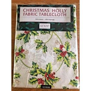 New Christmas Holly Fabric Tablecloth 52" x 70" Holiday Dining NOS Kitchen